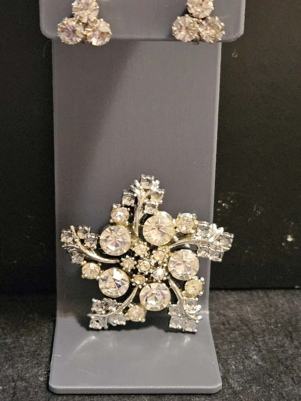Vintage Silver-Tone Starburst Brooch with Clear Crystals & Matching Clip Earring